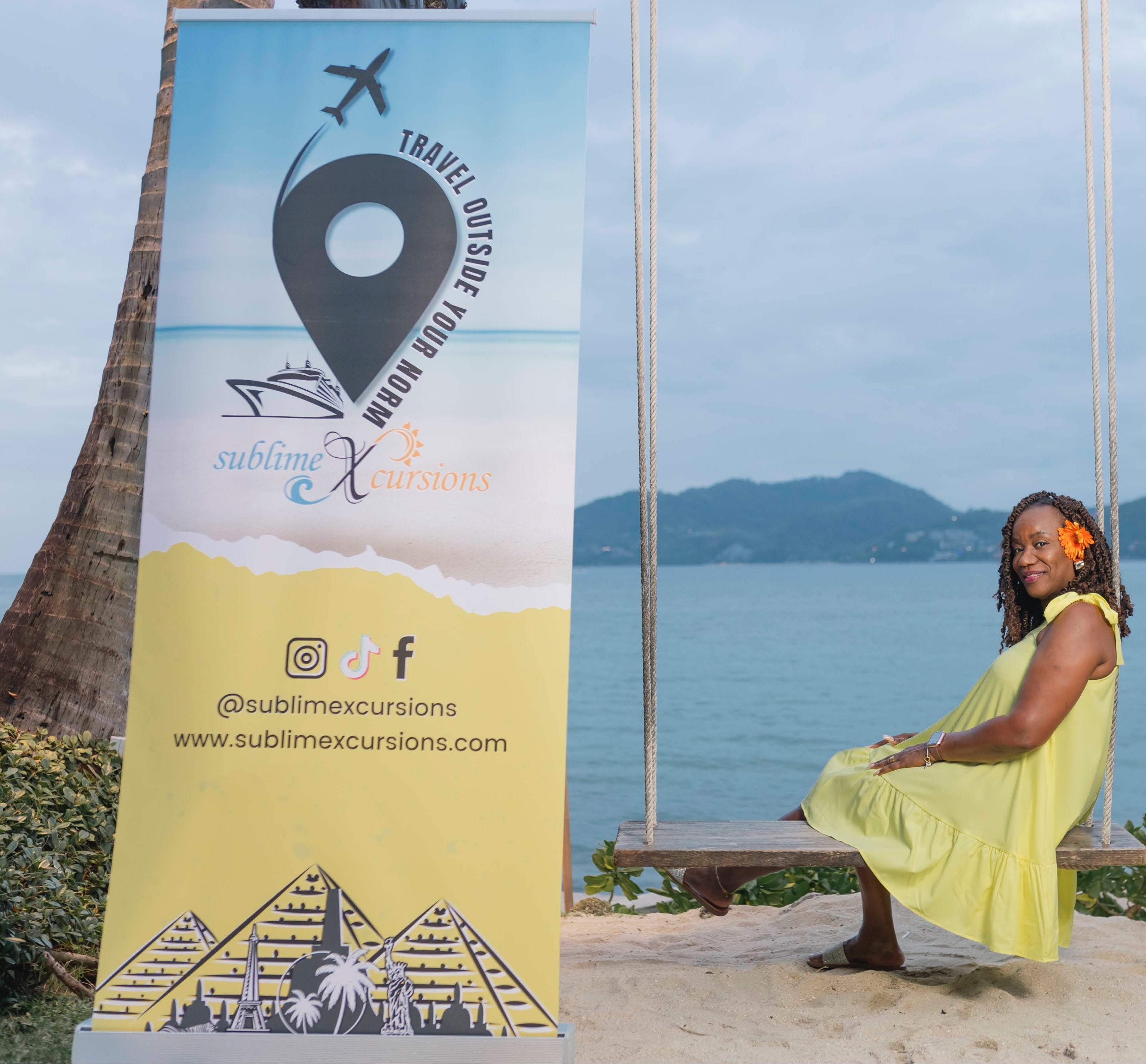 Woman in a yellow dress sitting on a swing by a scenic waterfront with a promotional banner for Sublime Excursions.
