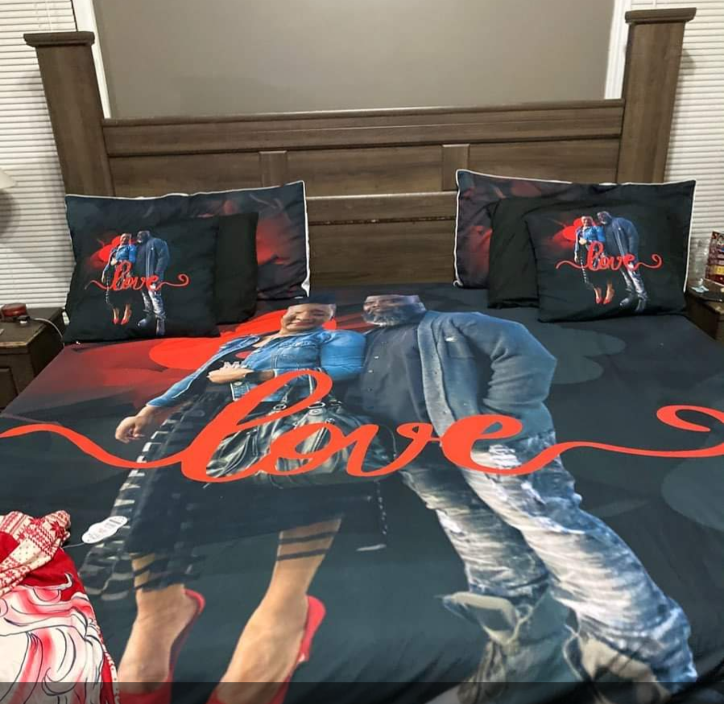 Custom photo comforter set with an african american couple and the word love across the bottom.