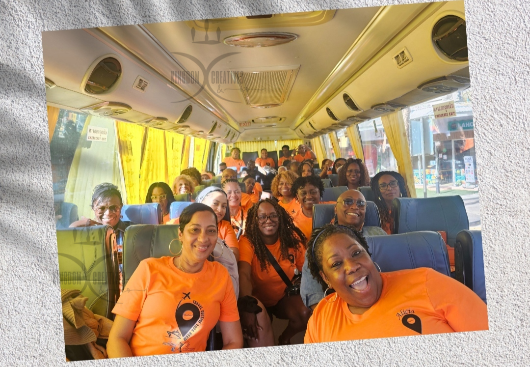 Travel group on a bus with 'Sublime Xcursions' branding and text about a the trip to Thailand.