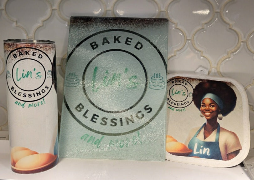 Custom tumbler, glass cutting board, and oven mitt for Lin's Baked Goods in Atlanta, GA.