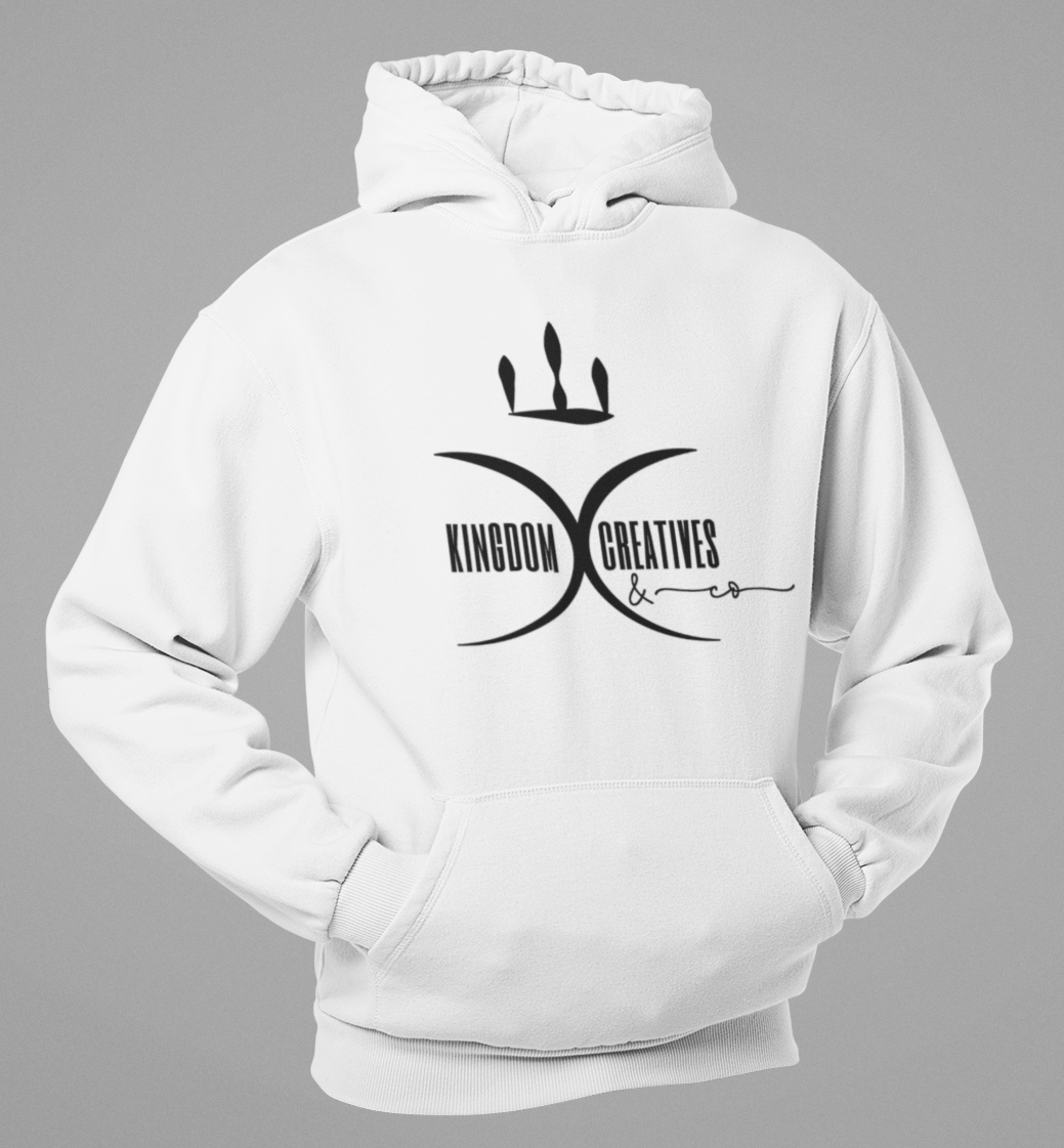 White hoodie with Kingdom Creatives & Co. logo on a gray background
